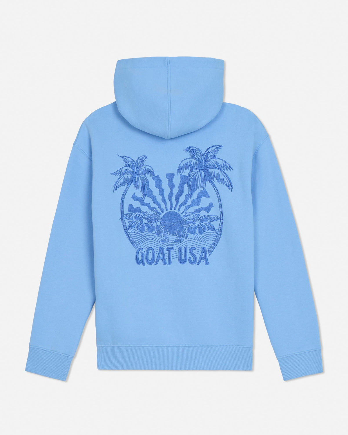 Light blue hoodie with palm tree design and 'GOAT USA' text on the back against a white background#color_carolina-blue