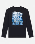 A black long-sleeve t-shirt with a large graphic print on the back, featuring the text 'PARTY AT THE GOAT LODGE'