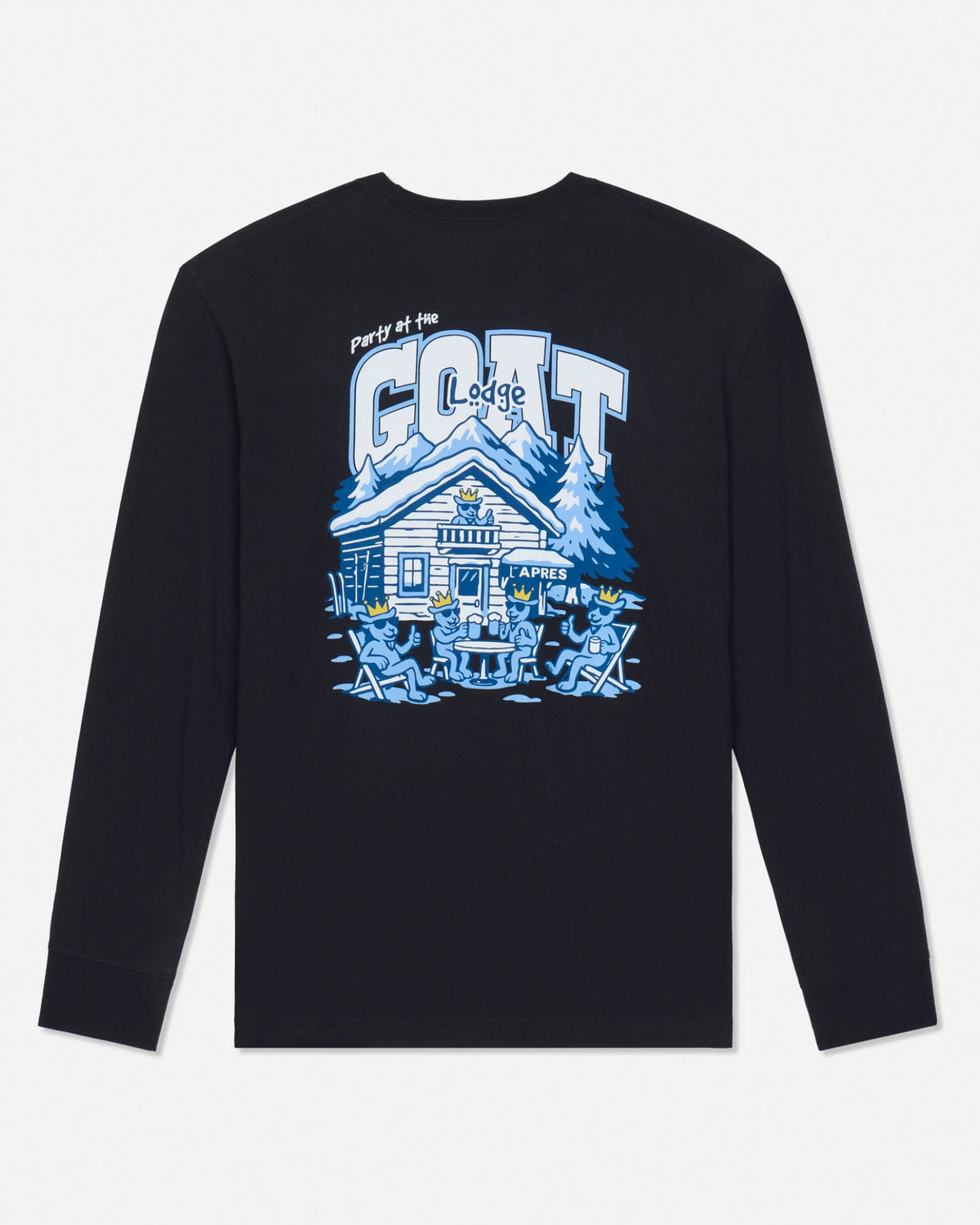 A black long-sleeve t-shirt with a large graphic print on the back, featuring the text 'PARTY AT THE GOAT LODGE'