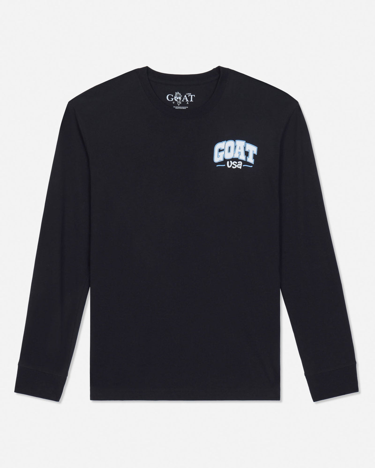 A black long-sleeve t-shirt with a white and blue 'GOAT USA' chest graphic, displayed flat against a light gray background.