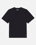 Black t-shirt with a brand logo on a white background