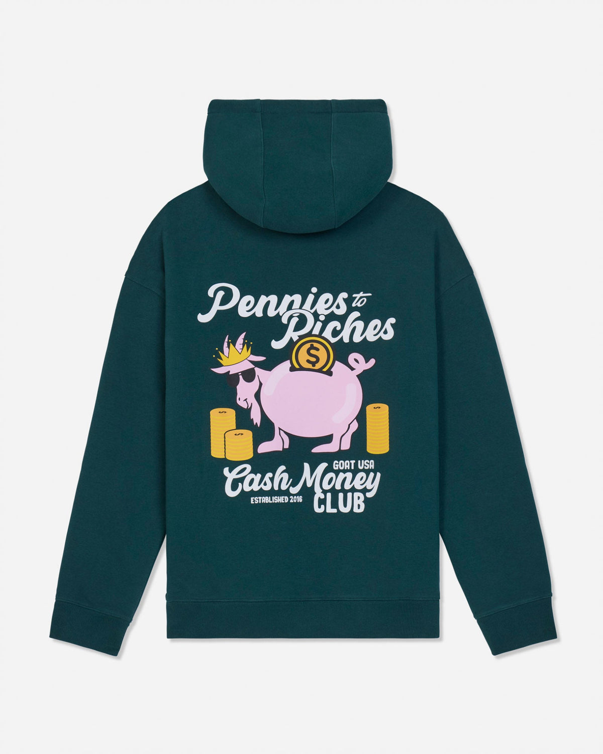 Back of sage hoodie with piggy bank goat design