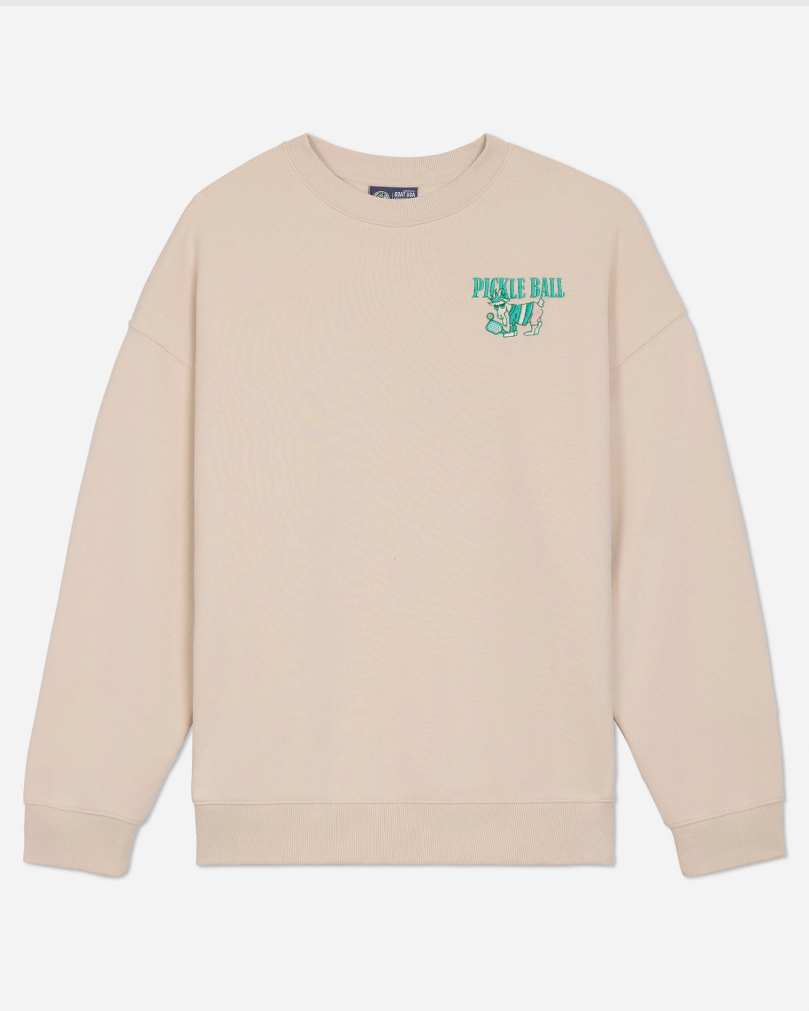 Beige sweatshirt with a pickeball left-chest logo against a light gray background