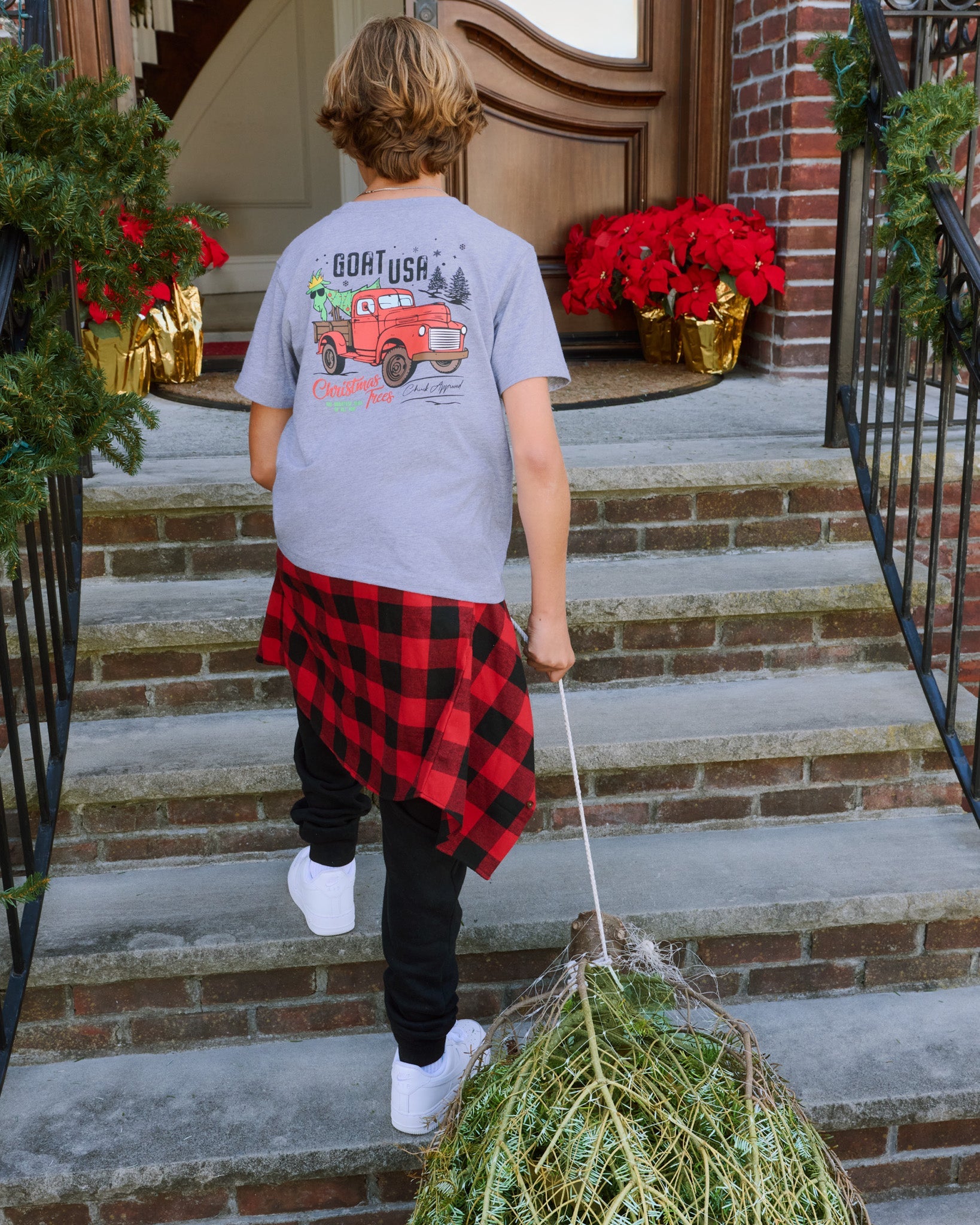 Person carrying a Christmas tree on a front porch with decorated steps.