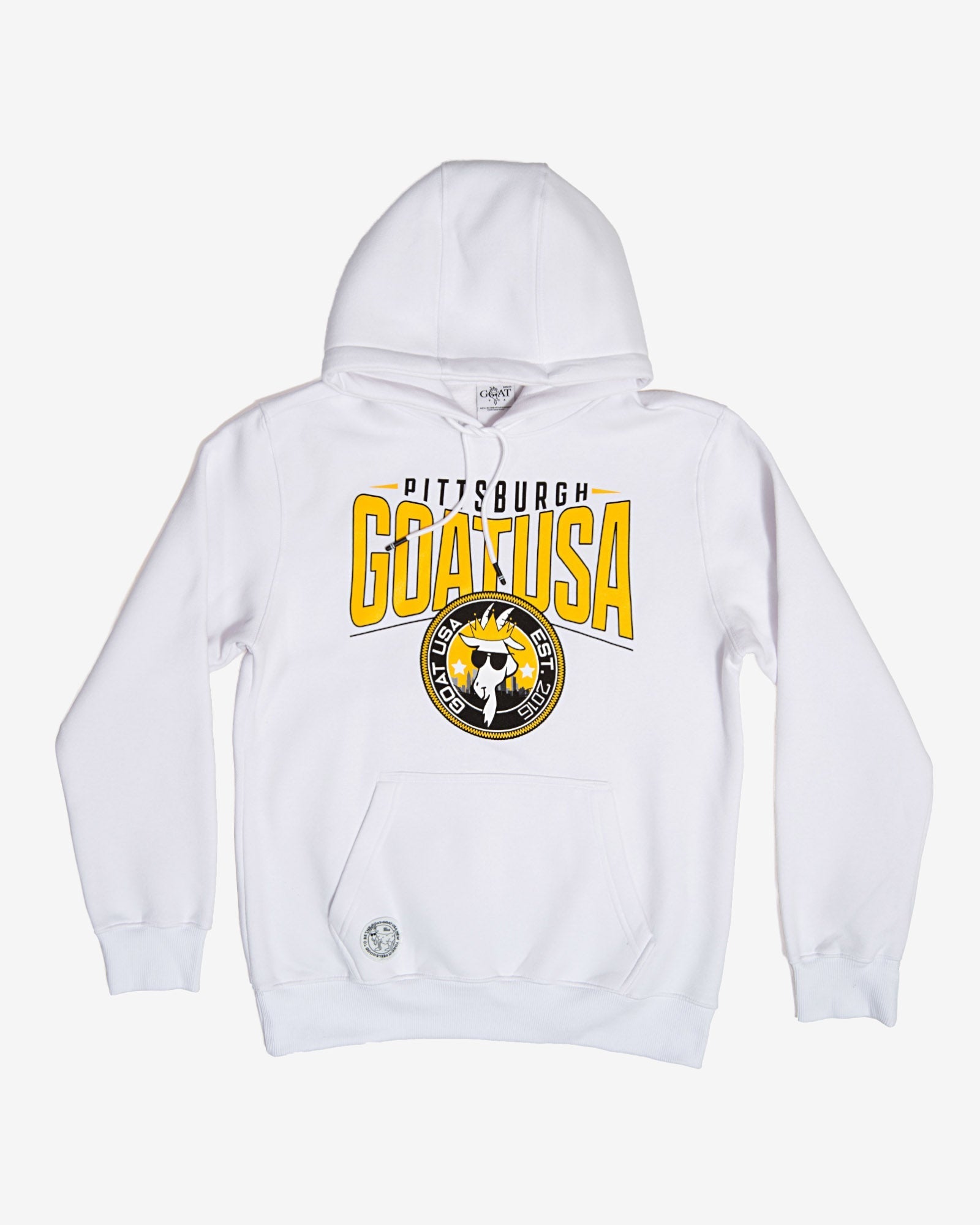Front of white Pittsburgh patch hooded sweatshirt#color_white