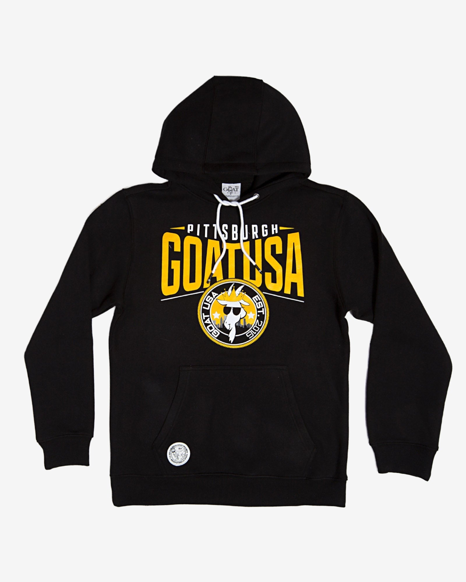Front of black Pittsburgh patch hooded sweatshirt#color_black