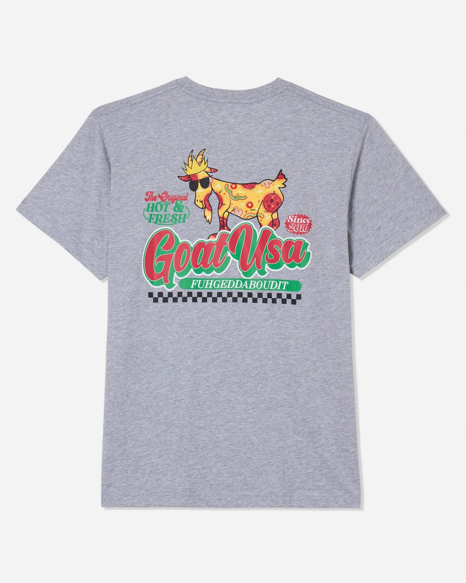 Back of gray t-shirt with pizza GOAT design