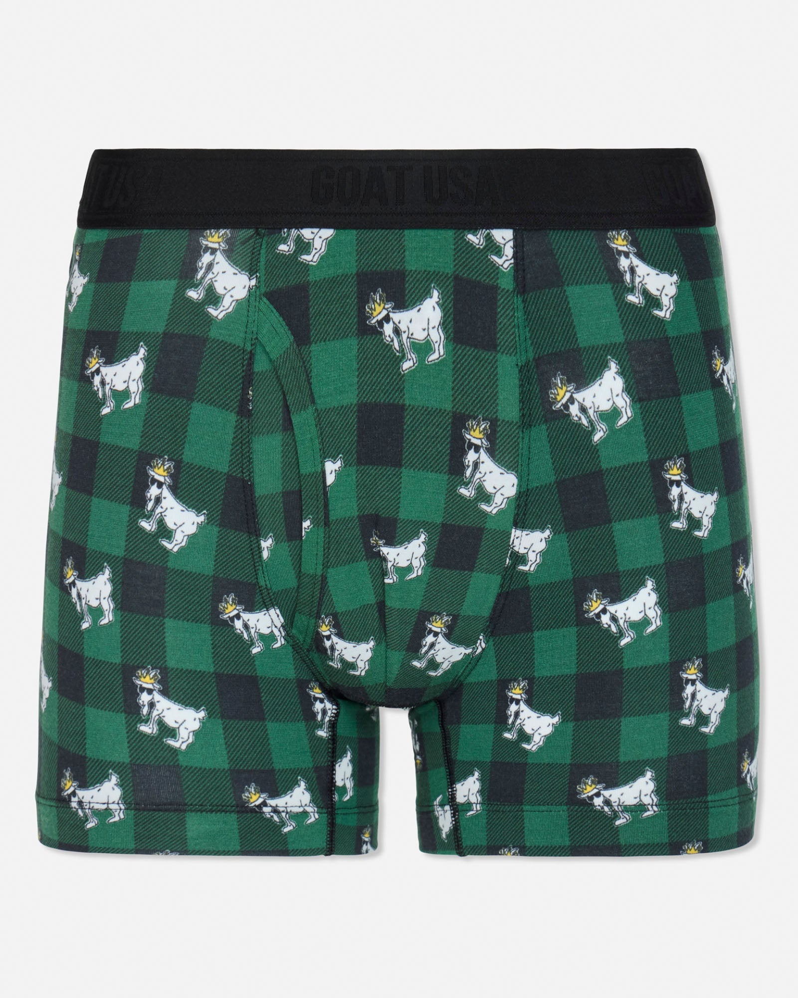 Green checkered boxer briefs with goat pattern on a white background