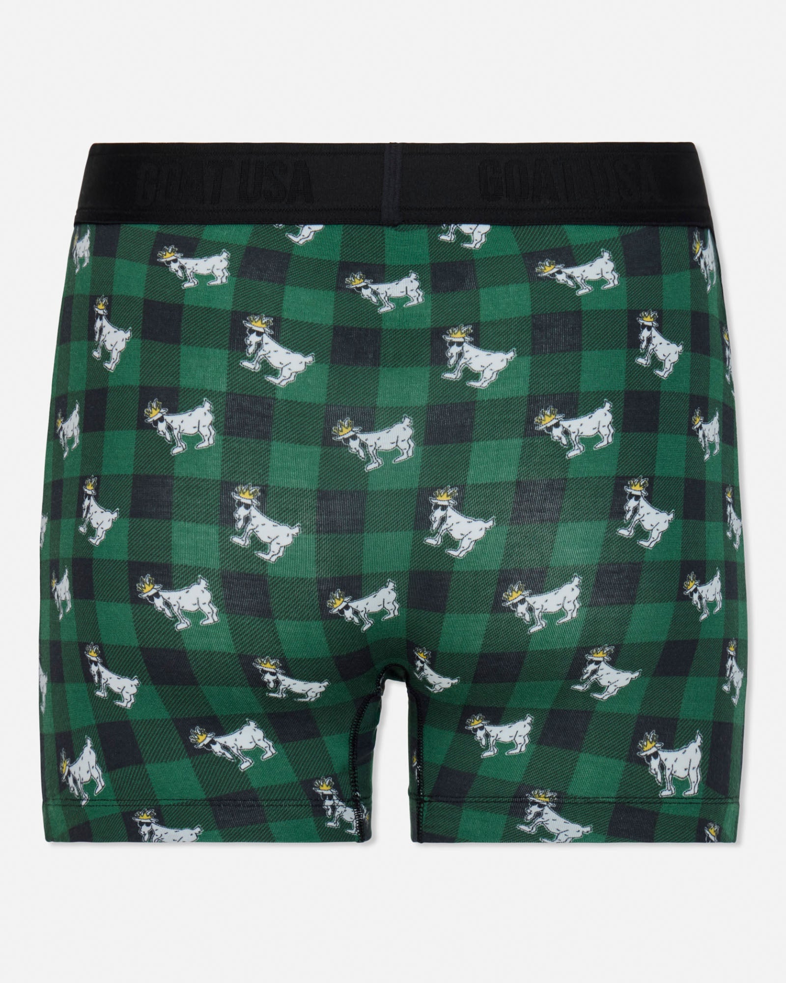 Green checkered boxer briefs with goat pattern on a white background