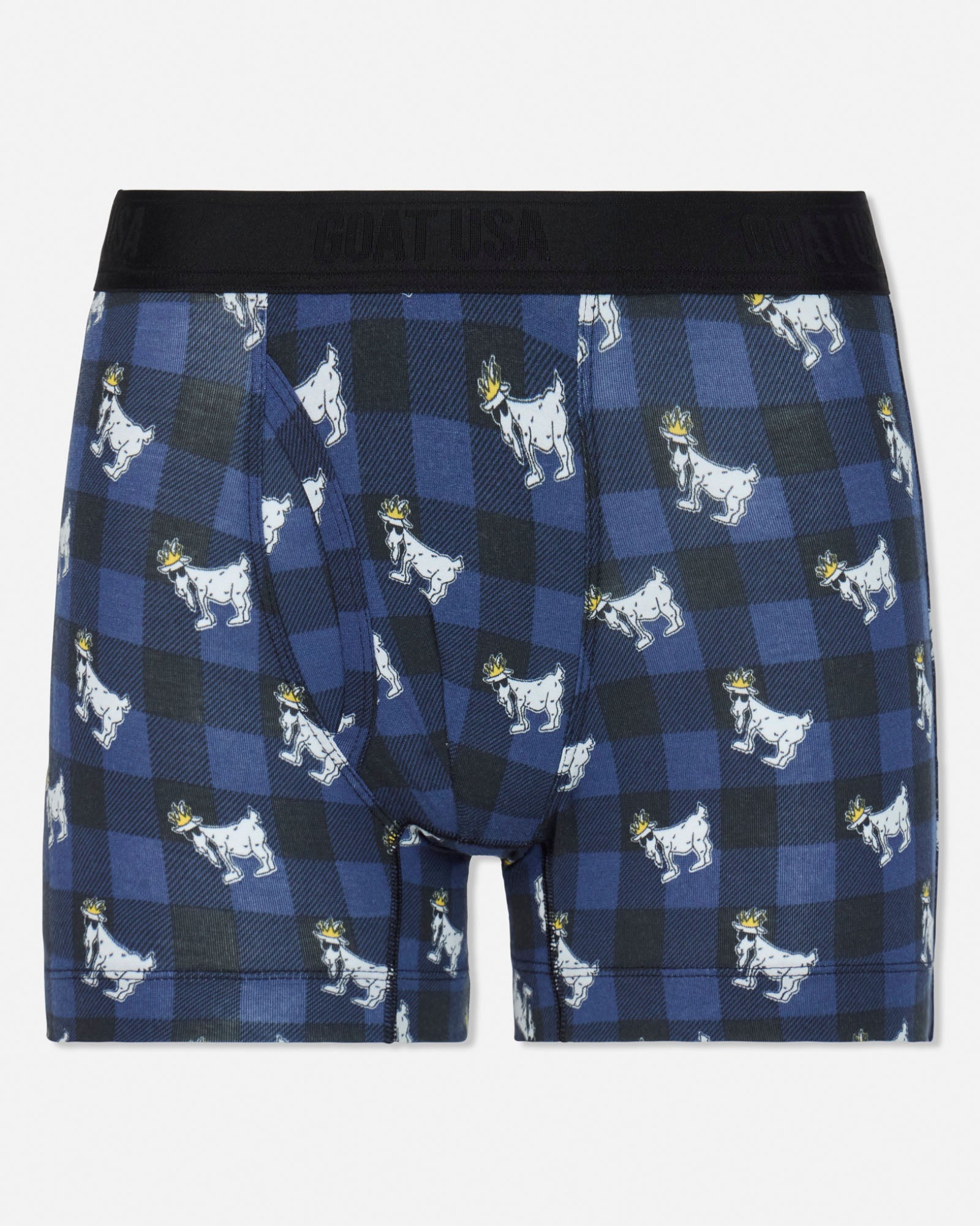 Blue boxer briefs with goat pattern on a white background