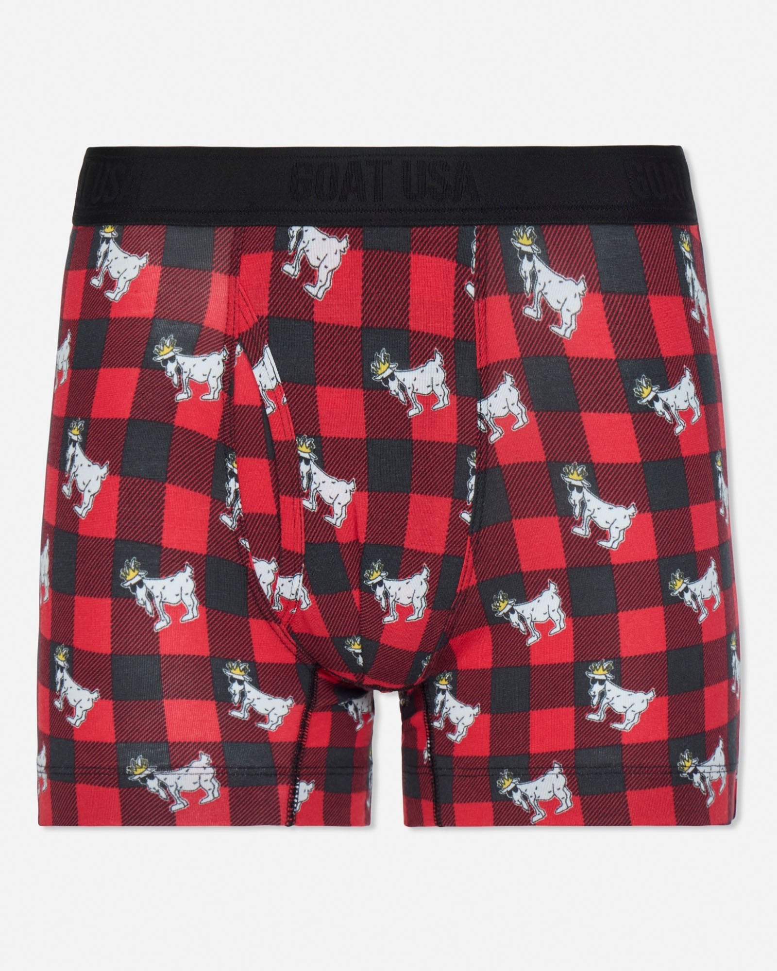 Red and black checkered boxer briefs with goat pattern on a white background