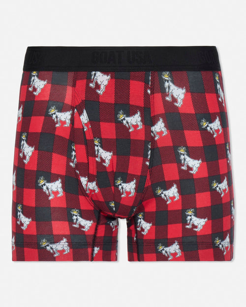 Red and black checkered boxer briefs with goat pattern on a white background