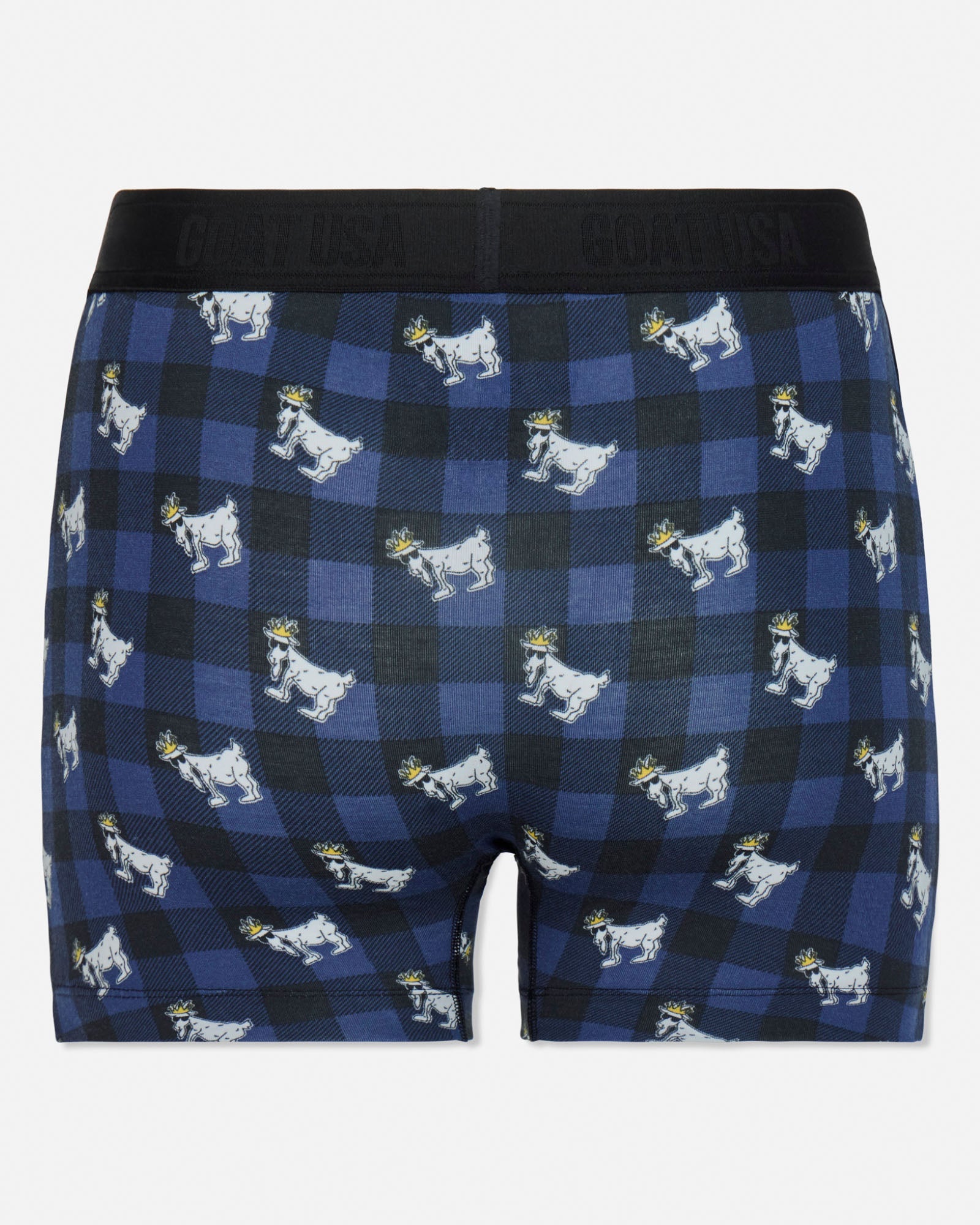 Blue boxer briefs with white goat pattern on a white background