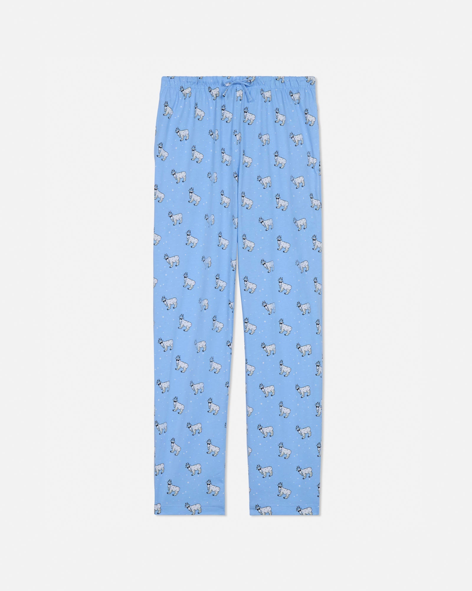 Blue pajama pants with animal pattern on a light gray background