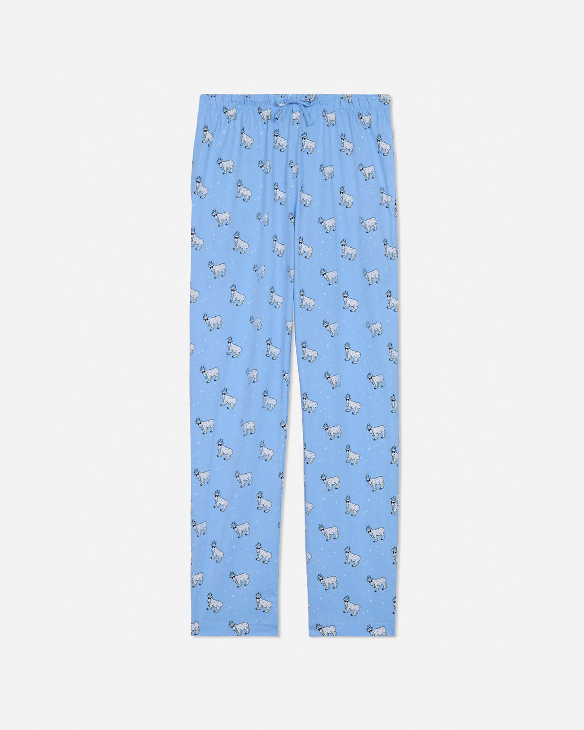 Blue pajama pants with animal pattern on a light gray background