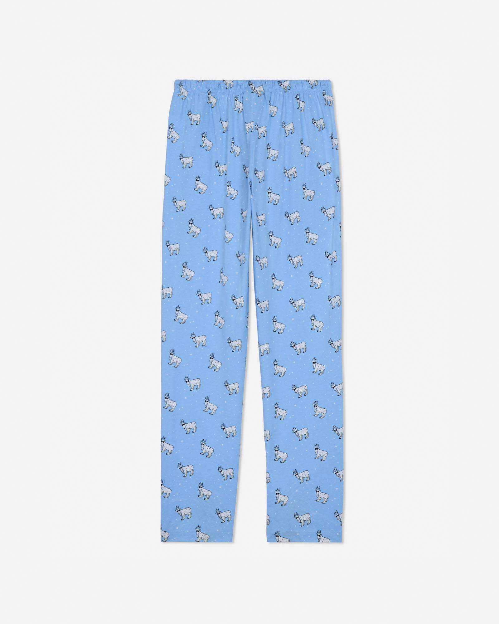 Blue pajama pants with animal pattern on a light gray background