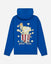 A royal blue hoodie shown from the back, featuring a graphic of a goat wearing a crown sitting in a red-and-white striped popcorn bucket with floating popcorn kernels and the text 'GOAT USA' below.
