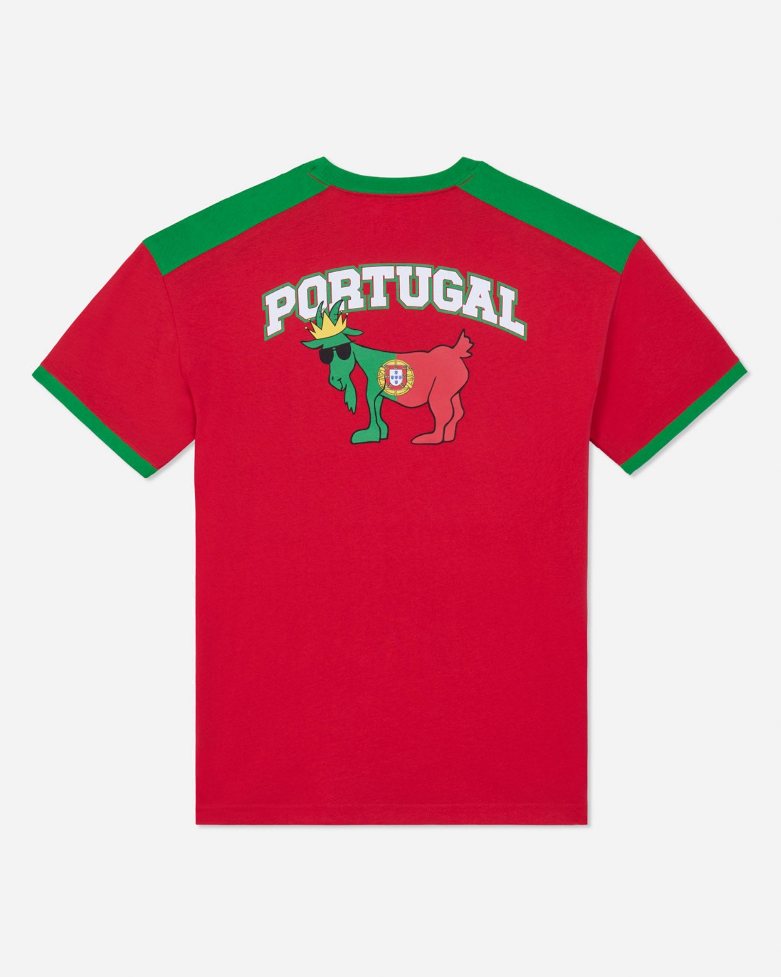 Red t-shirt with 'Portugal' and a goat graphic on a white background