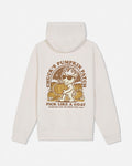The back of an off-white hooded sweatshirt featuring a brown graphic of a cartoon goat wearing sunglasses, holding a pumpkin, with the text 'CHUCK'S PUMPKIN PATCH' and 'PICK LIKE A GOAT'.