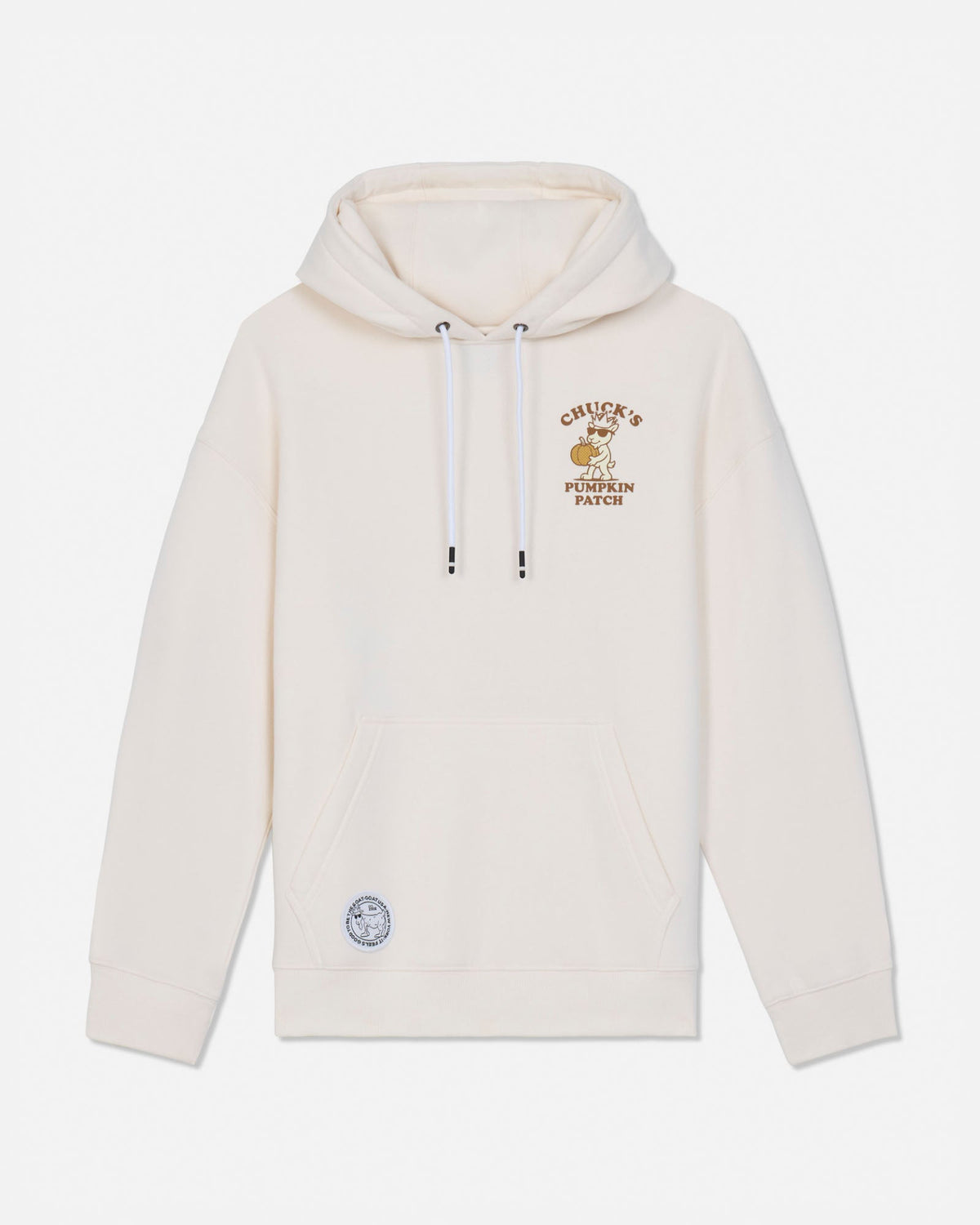 An off-white hooded sweatshirt with a drawstring hood, kangaroo pocket, and a brown graphic on the left chest reading 'Chuck's Pumpkin Patch'. A small circular patch is visible near the lower left front.