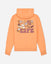 Orange hoodie with graphic design and text on a light gray background