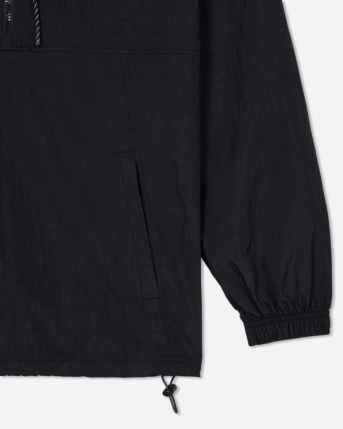 Close-up of the sleeve on the black windbreaker