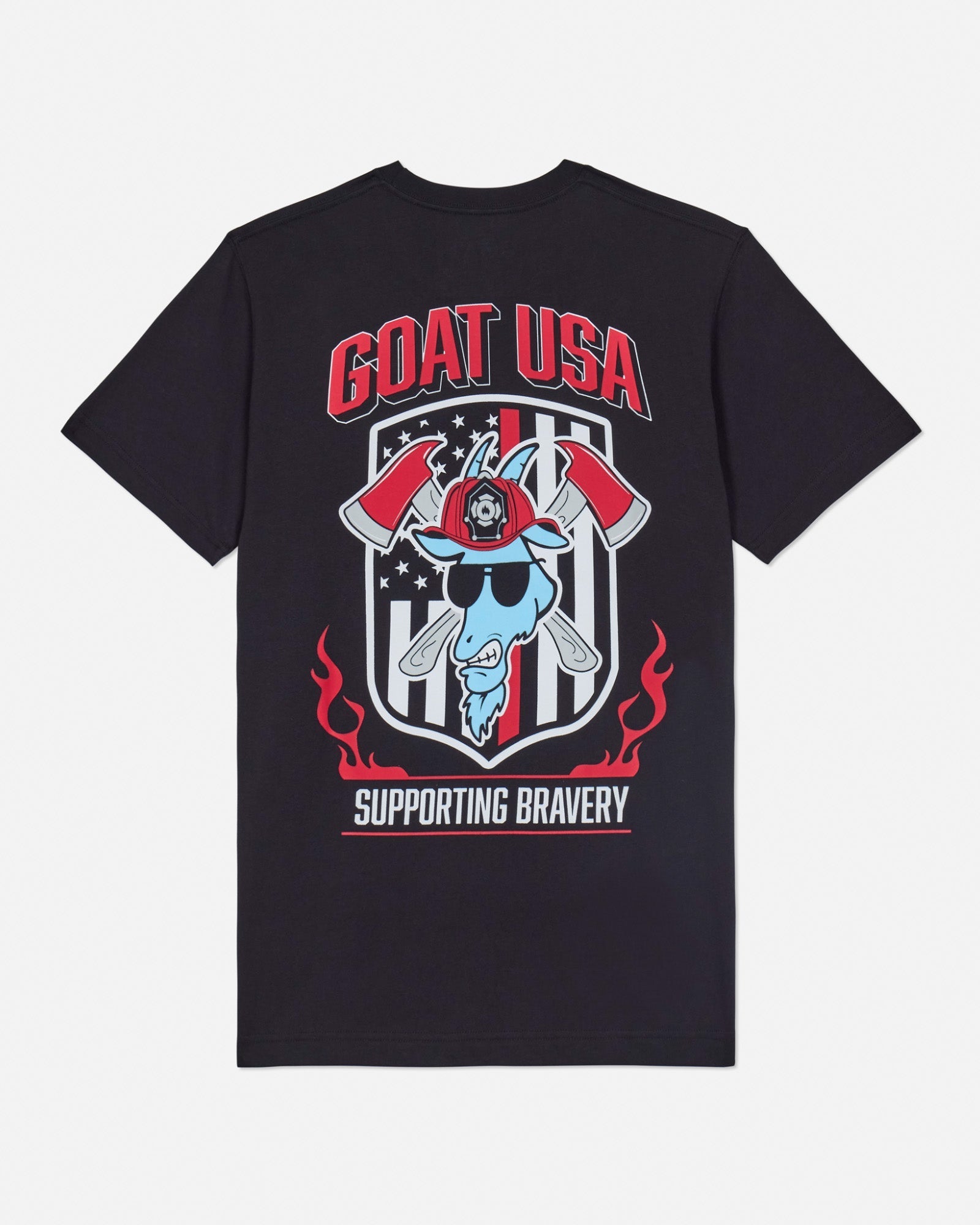 Back of black red line t-shirt with goat firefighter graphic