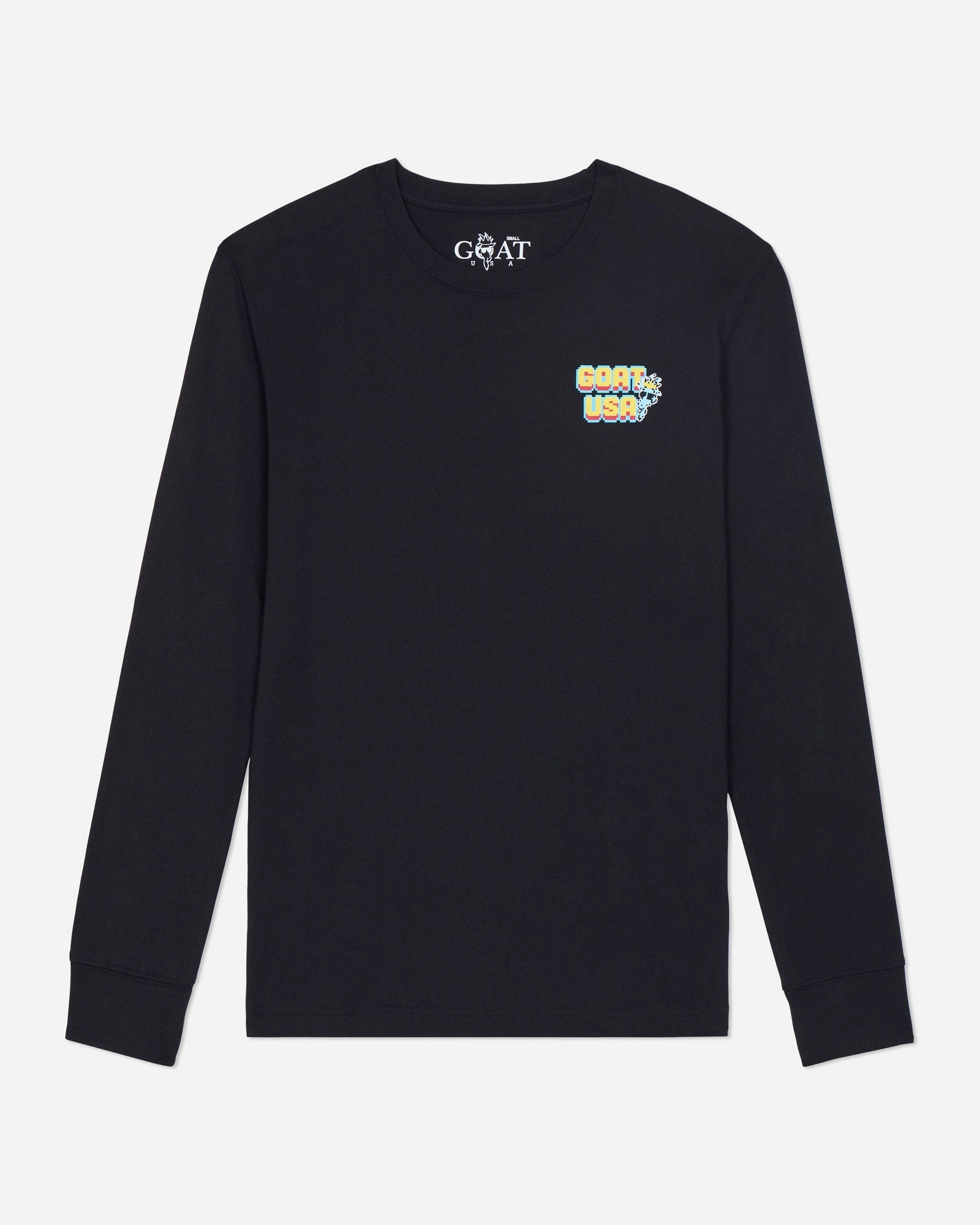 Black long-sleeve shirt with colorful graphics and text on a light gray background