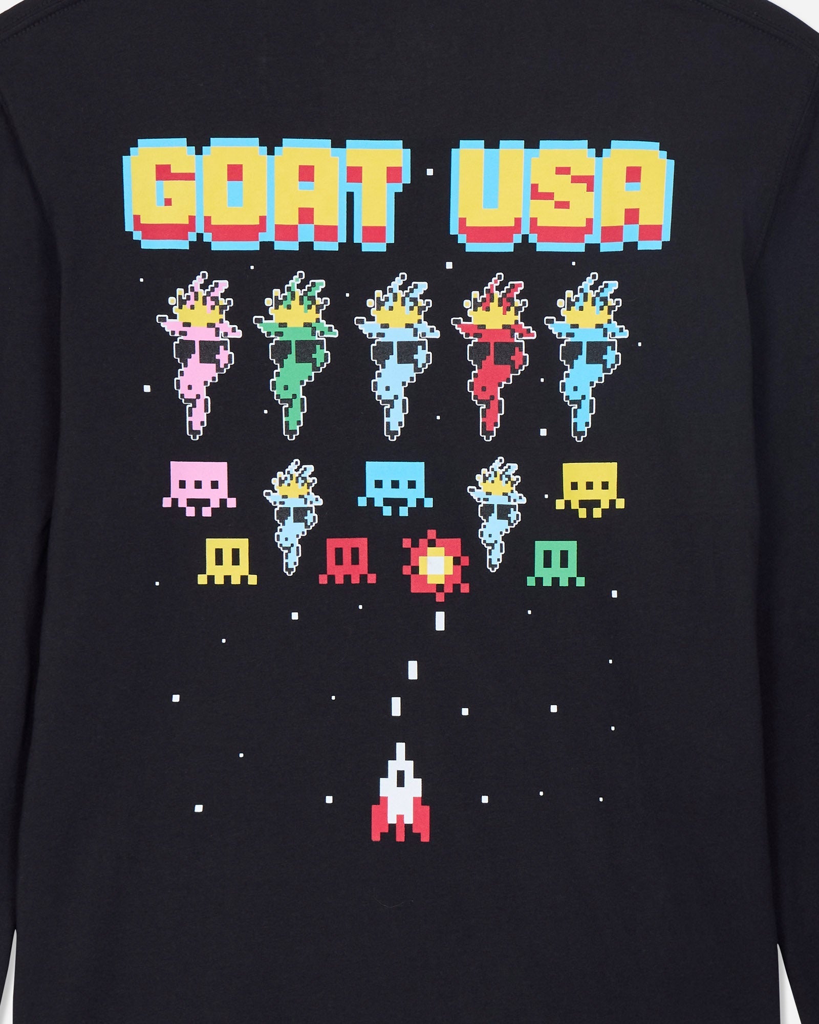 Black sweatshirt with colorful pixelated graphics and 'GOAT USA' text