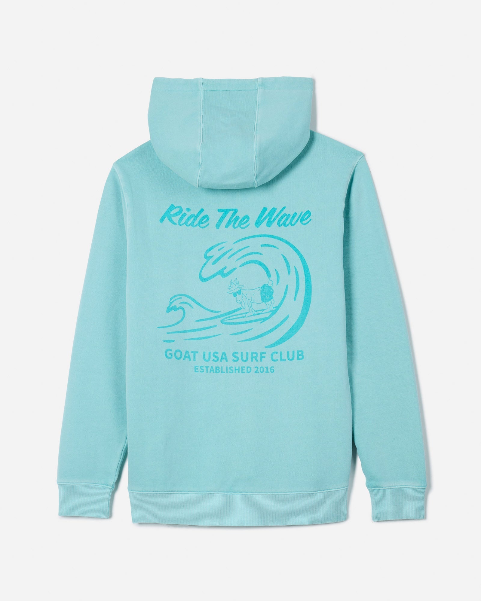 Back of aqua sky hooded sweatshirt with surfing Chuck the GOAT graphic