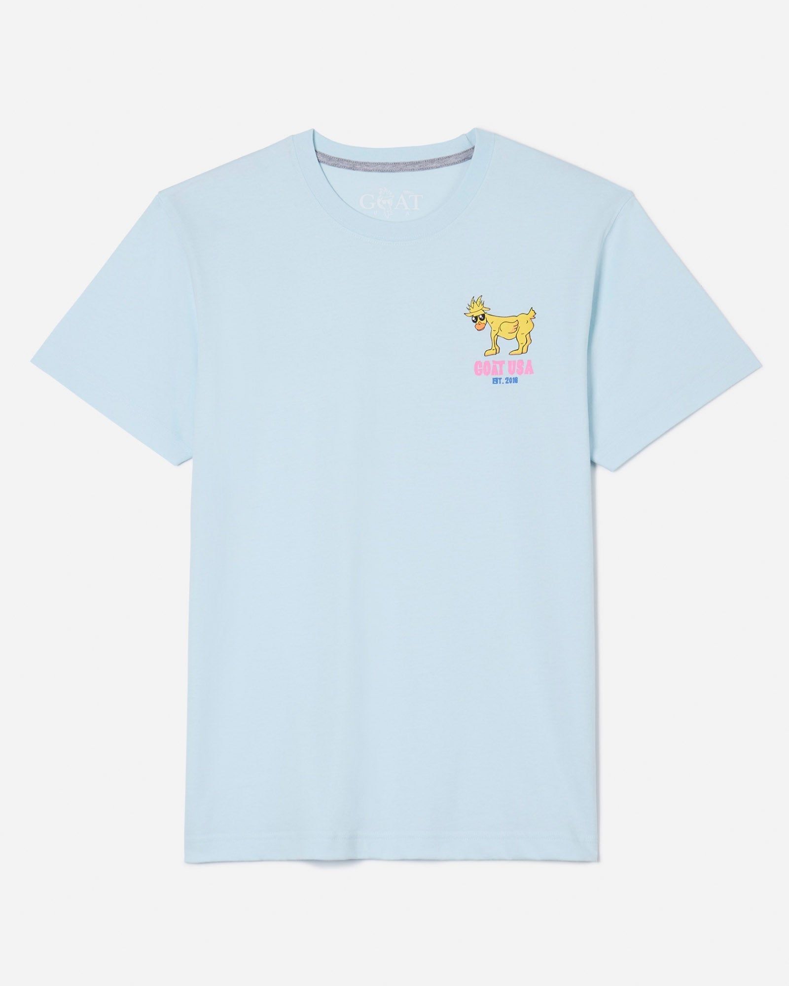 Front of ice blue t-shirt with goat rubber duck left-chest logo