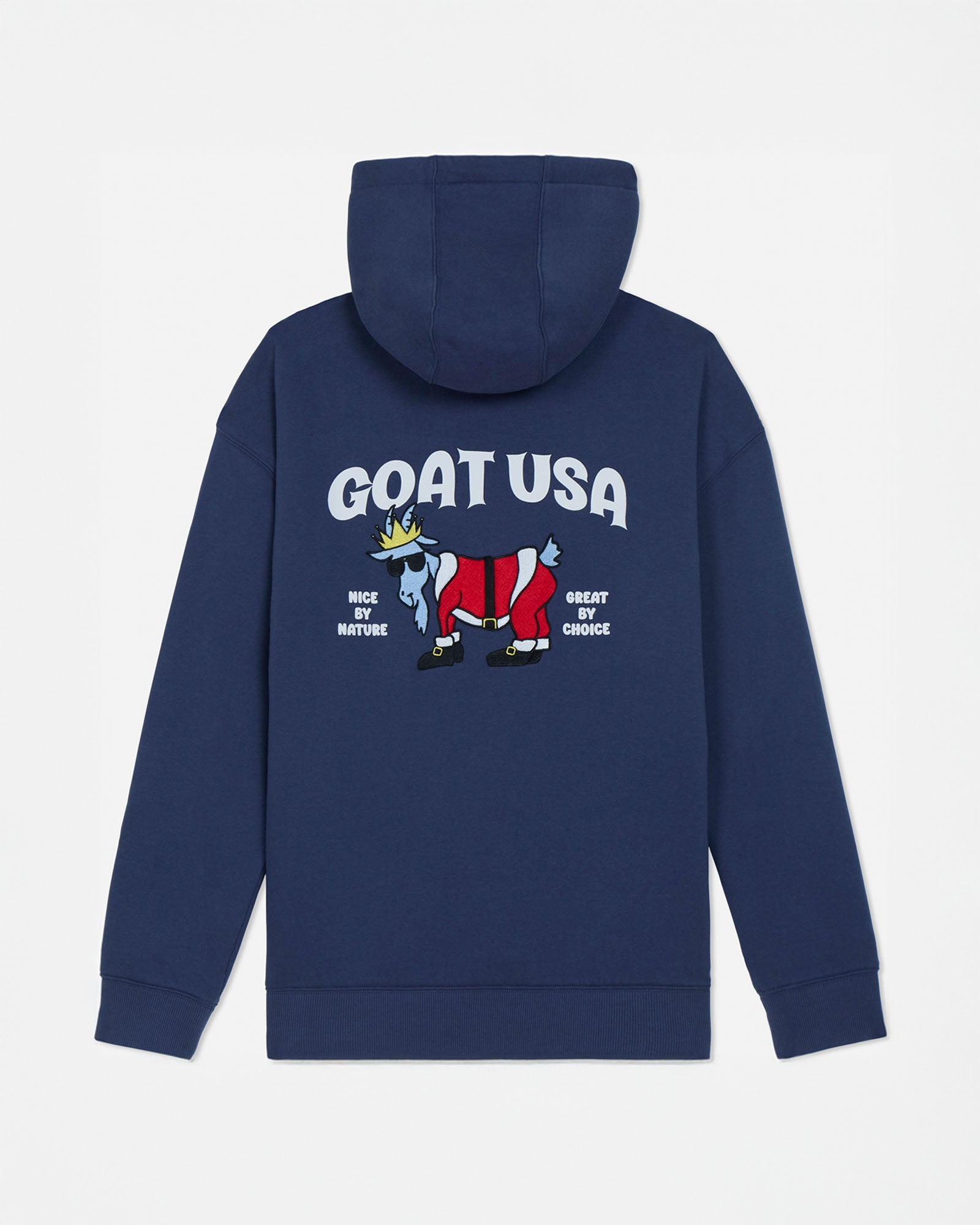 Navy blue hoodie with 'GOAT USA' graphic on the back against a light gray background