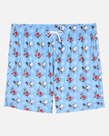 Light blue shorts featuring an all-over print of cartoon snowman characters in red and white, with a white drawstring at the waist, shown against a light gray background.