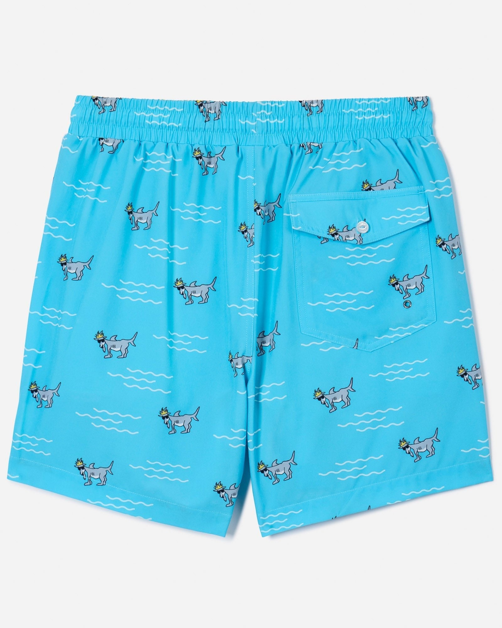 Back of the blue shark bathing suit