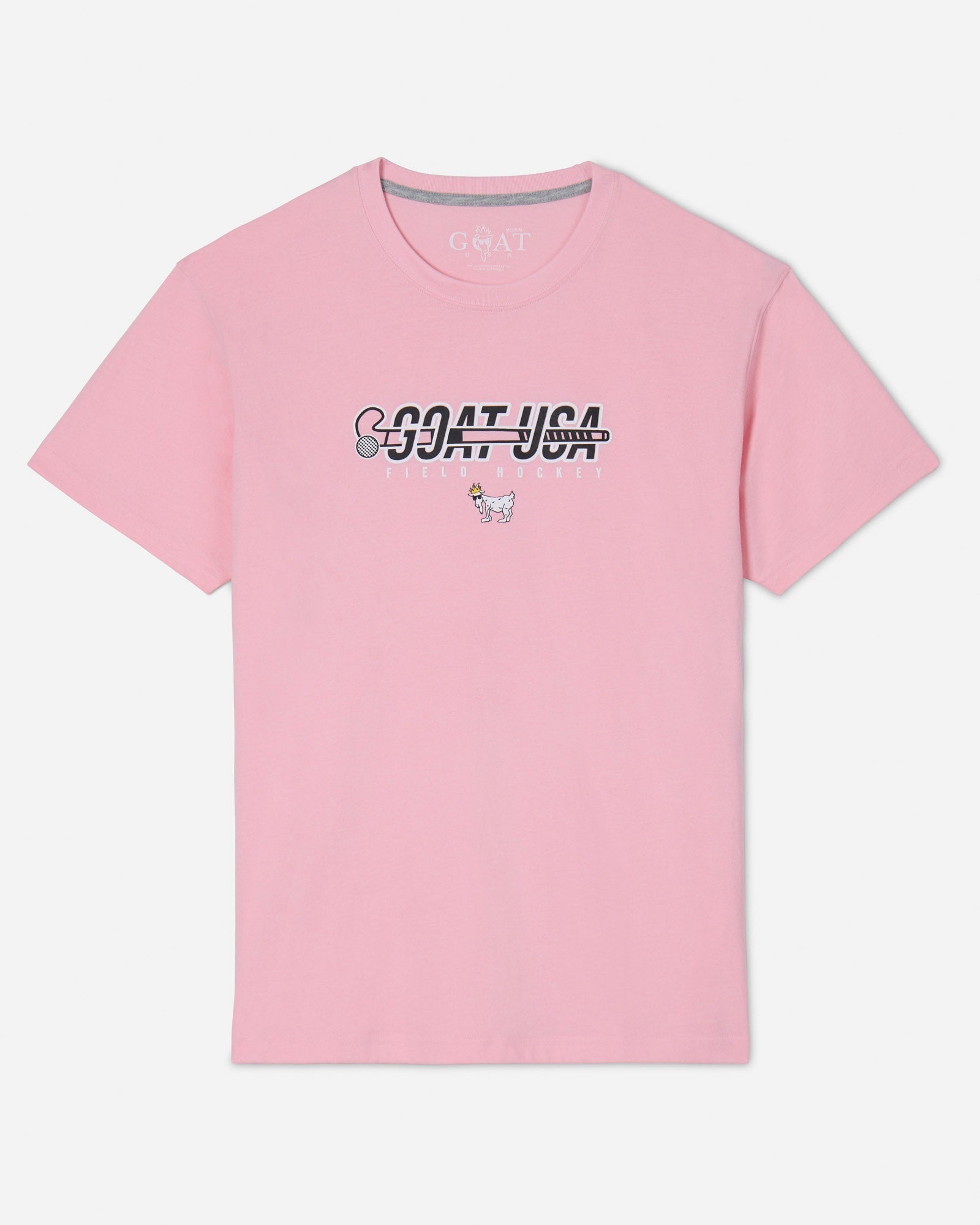 Pink shirt with field hockey stick that goes through the wording "GOAT USA"