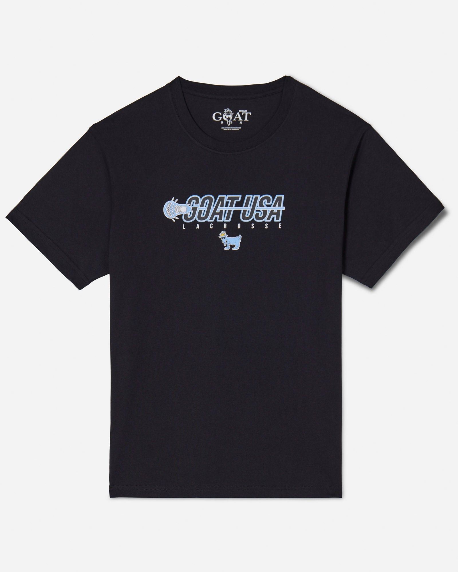 Black shirt with lacrosse stick that goes through the wording 