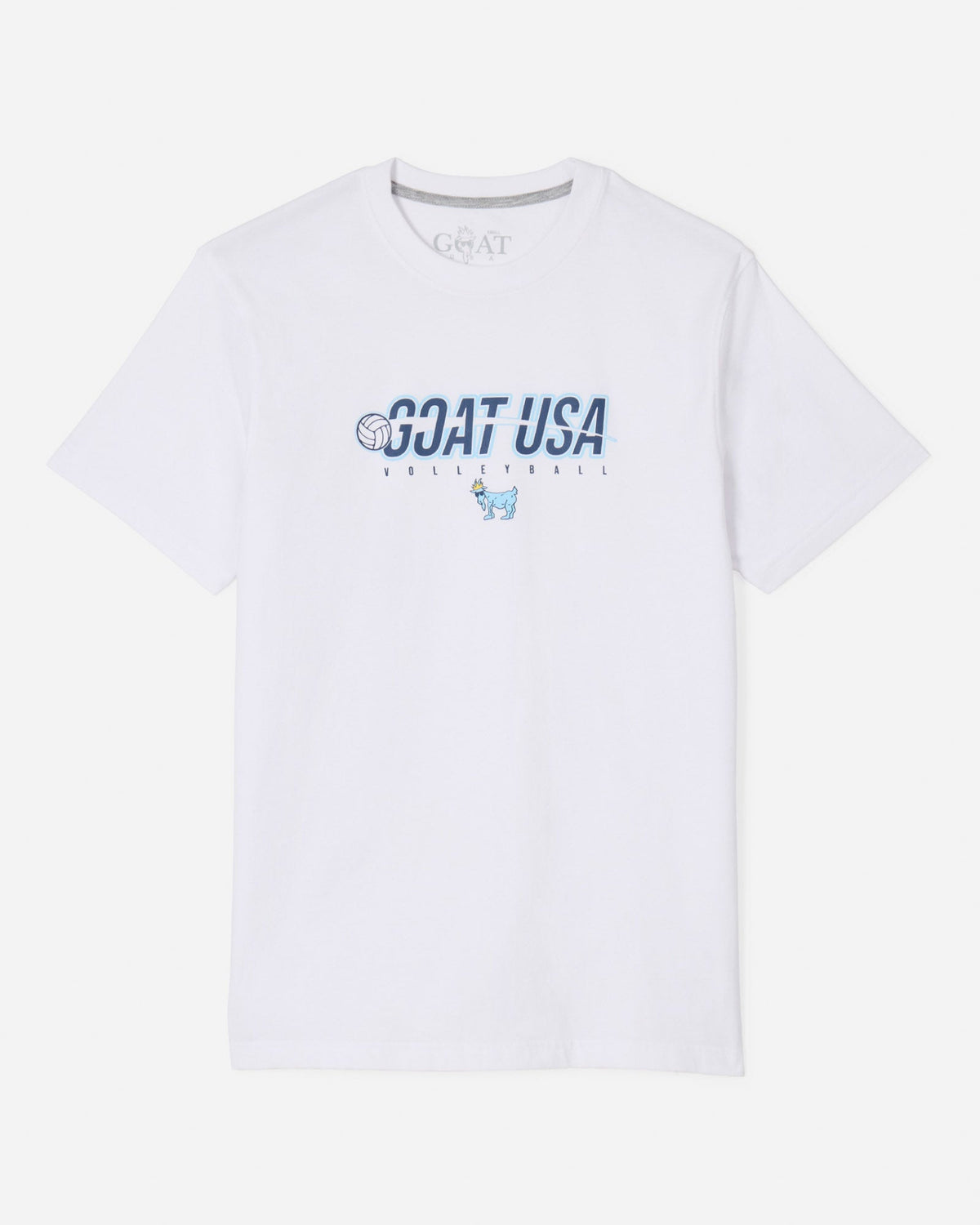 White shirt with volleyball that goes through the wording "GOAT USA"