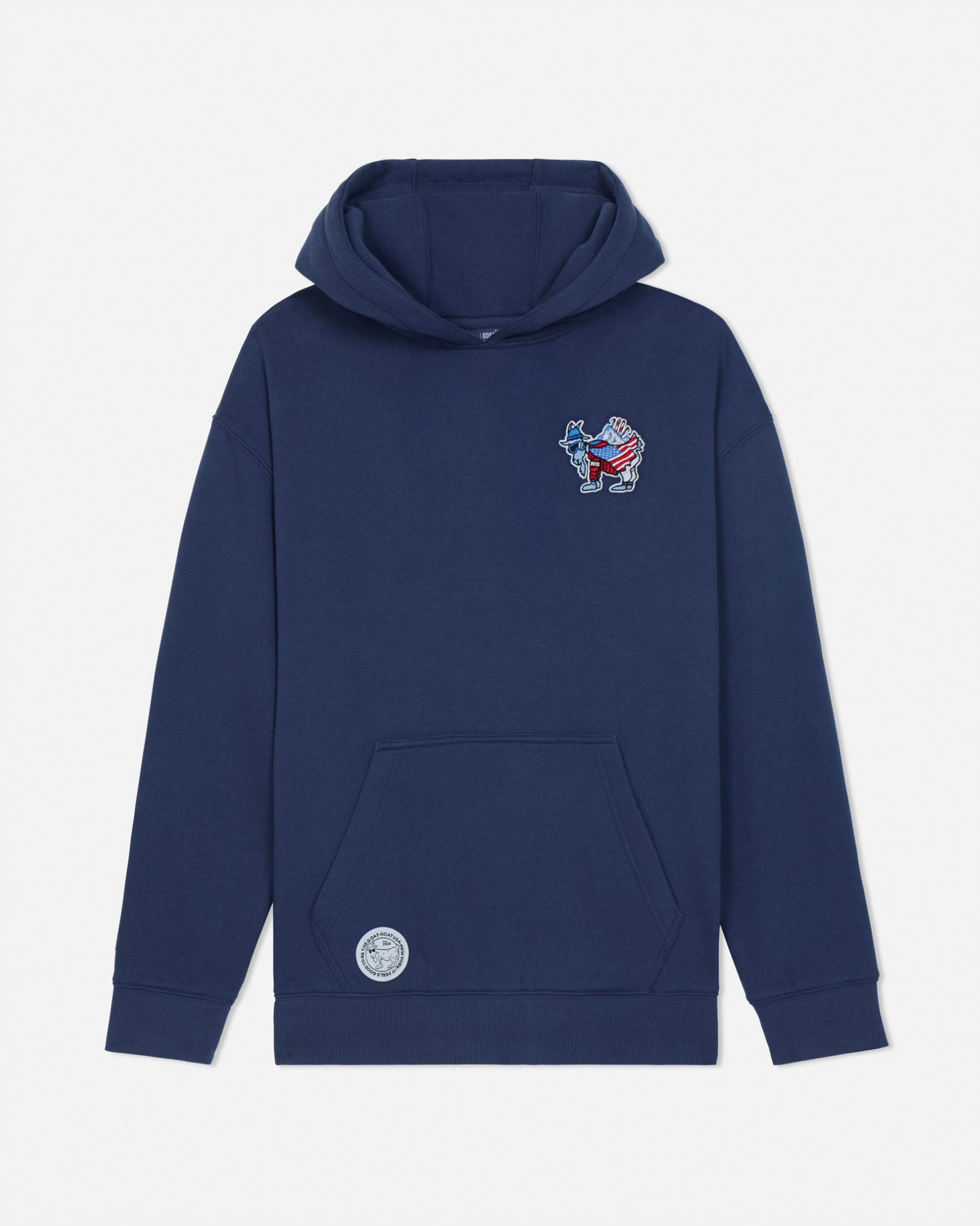 Navy blue hoodie with a small graphic on the chest against a white background