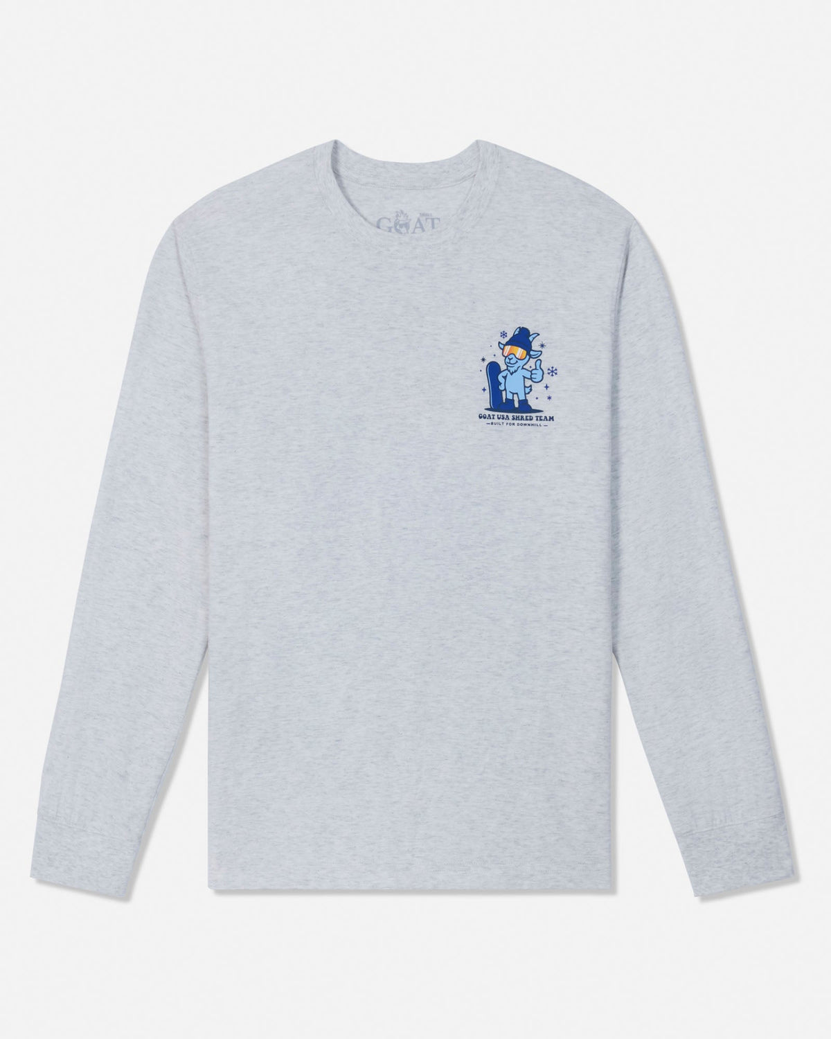 A light heather gray long-sleeve crewneck sweatshirt with a small blue and white graphic on the left chest, displayed flat against a clean white background.