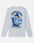A light heather gray long-sleeve t-shirt shown from the back, featuring a blue cartoon goat snowboarder graphic with the text 'SNOWBOARDING' and 'GOAT USA SHRED TEAM'.