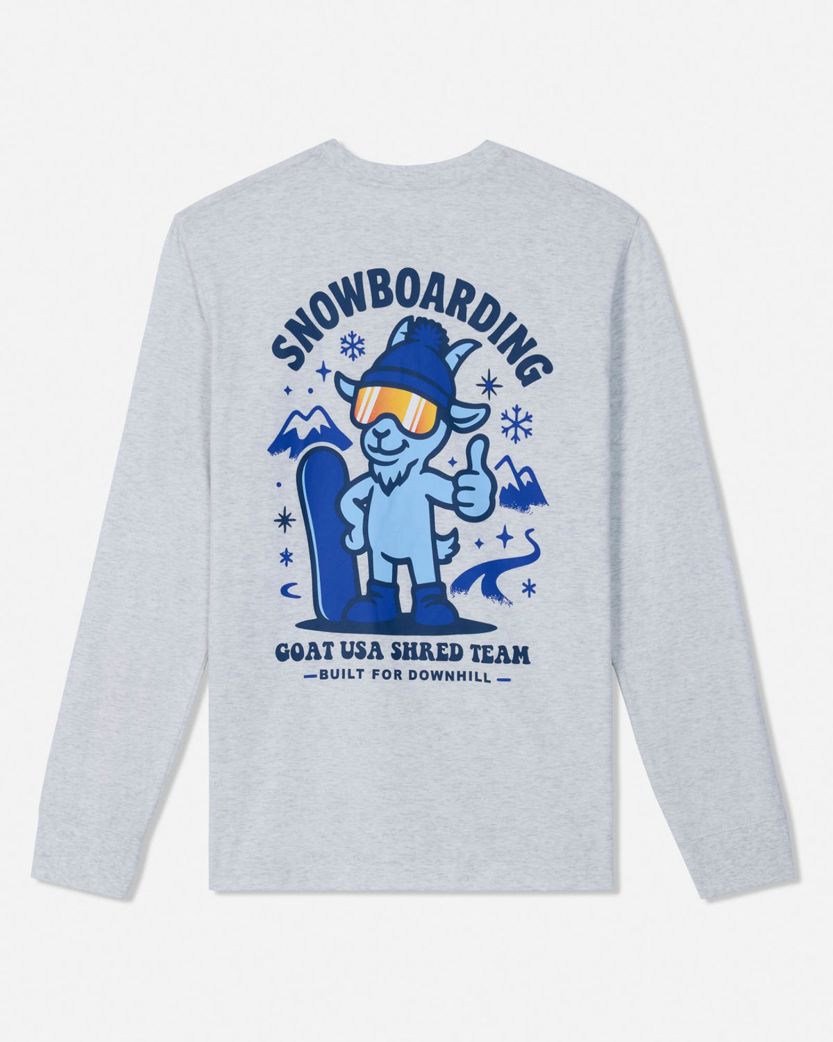 A light heather gray long-sleeve t-shirt shown from the back, featuring a blue cartoon goat snowboarder graphic with the text 'SNOWBOARDING' and 'GOAT USA SHRED TEAM'.