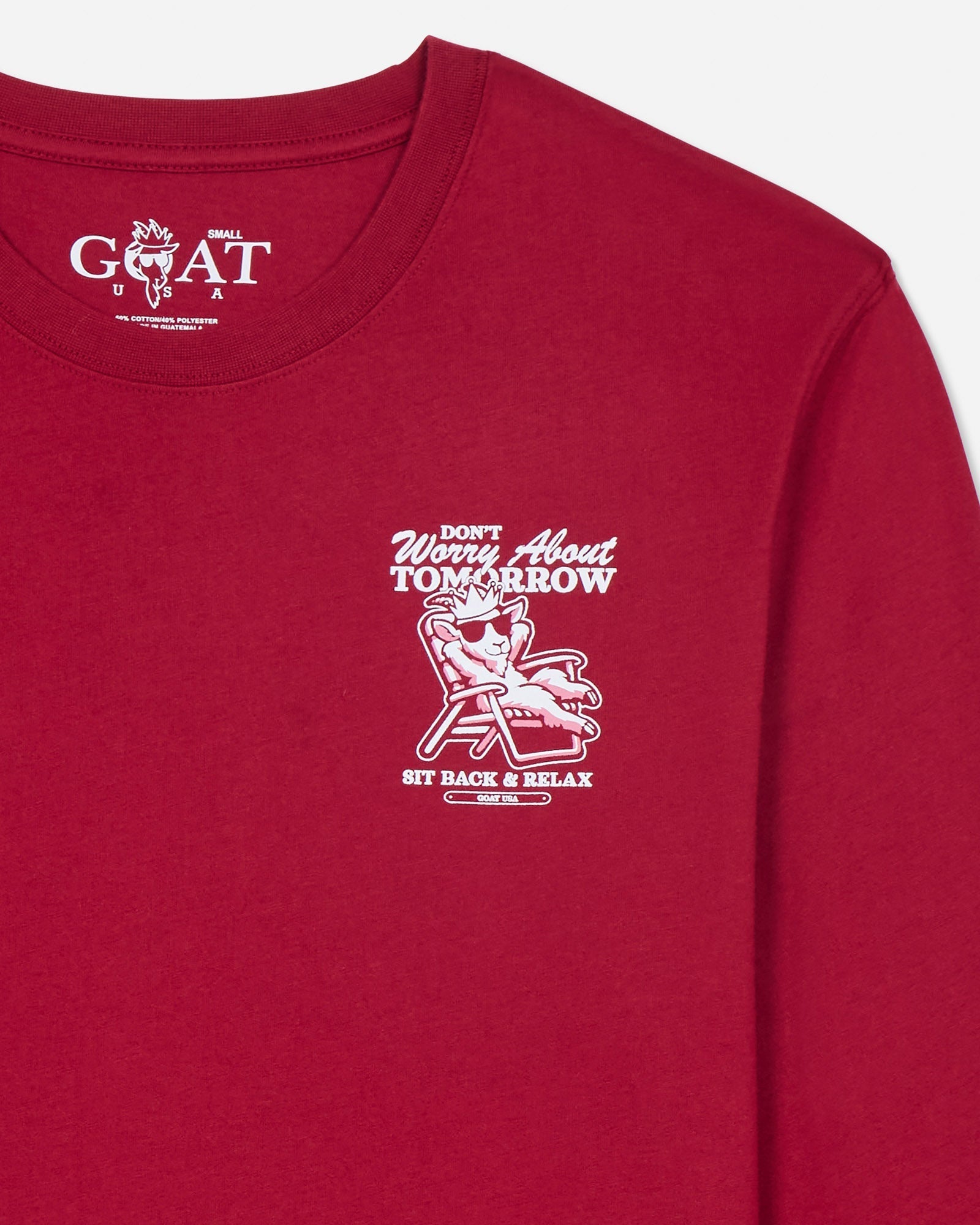 Red long-sleeve shirt with white graphic and text on a light gray background