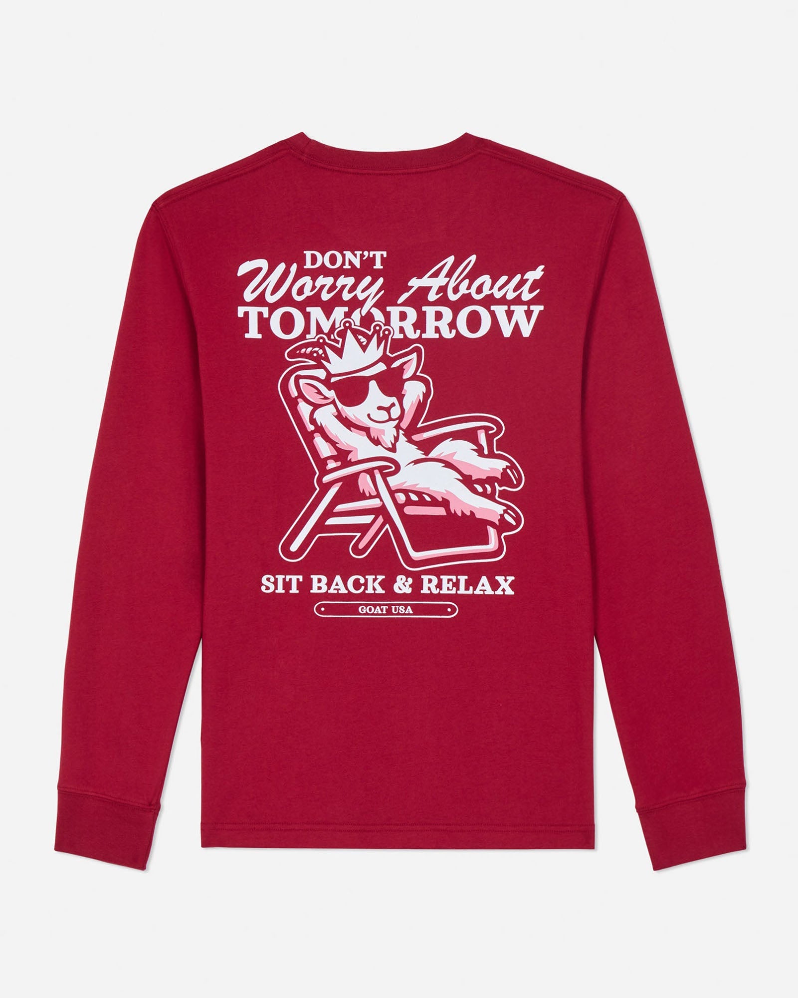 Red long-sleeve shirt with white graphic and text on a white background