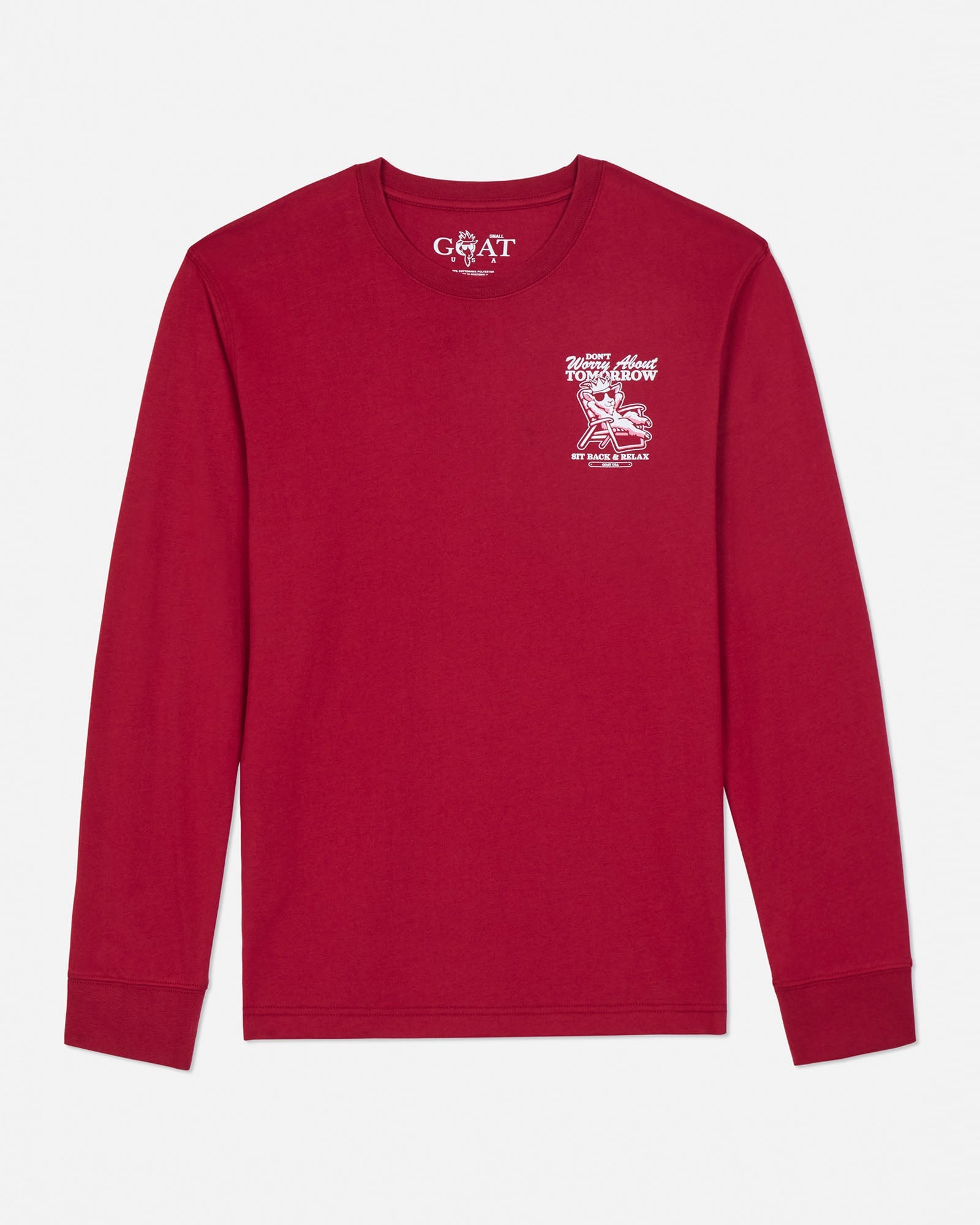 Red long-sleeve shirt with graphic design on a white background