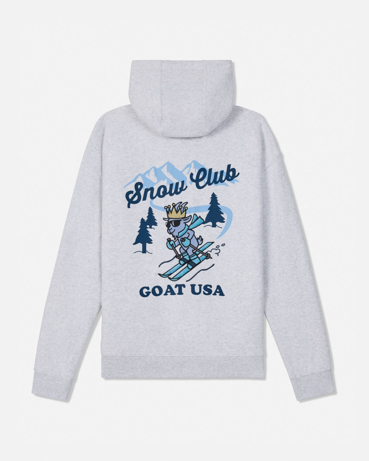 A light heather gray hoodie shown from the back, featuring a graphic print of a cartoon skier wearing a crown with the text 'Snow Club' and 'GOAT USA' in blue.