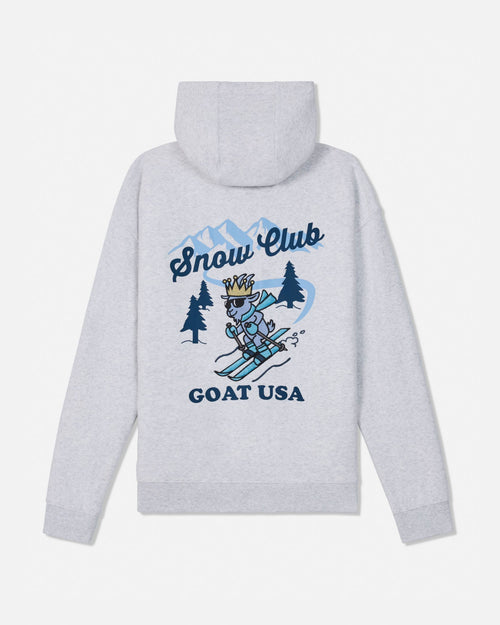 A light heather gray hoodie shown from the back, featuring a graphic print of a cartoon skier wearing a crown with the text 'Snow Club' and 'GOAT USA' in blue.