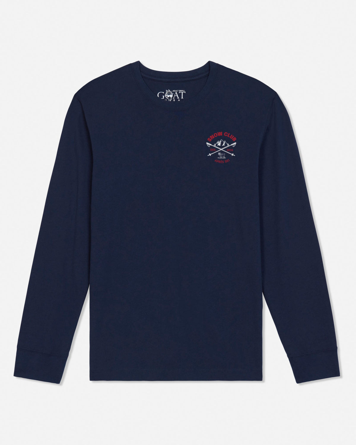 A navy blue long-sleeve crewneck sweatshirt by GOAT USA, featuring a small red, white, and blue graphic on the left chest with crossed oars and mountains, displayed on a light gray background.
