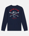 A navy blue long-sleeve t-shirt shown from the back, featuring a red and white graphic print with the text 'SNOW CLUB', 'EST. 2016', and 'APRES SKI' surrounding a mountain, crossed skis, and a goat illustration.