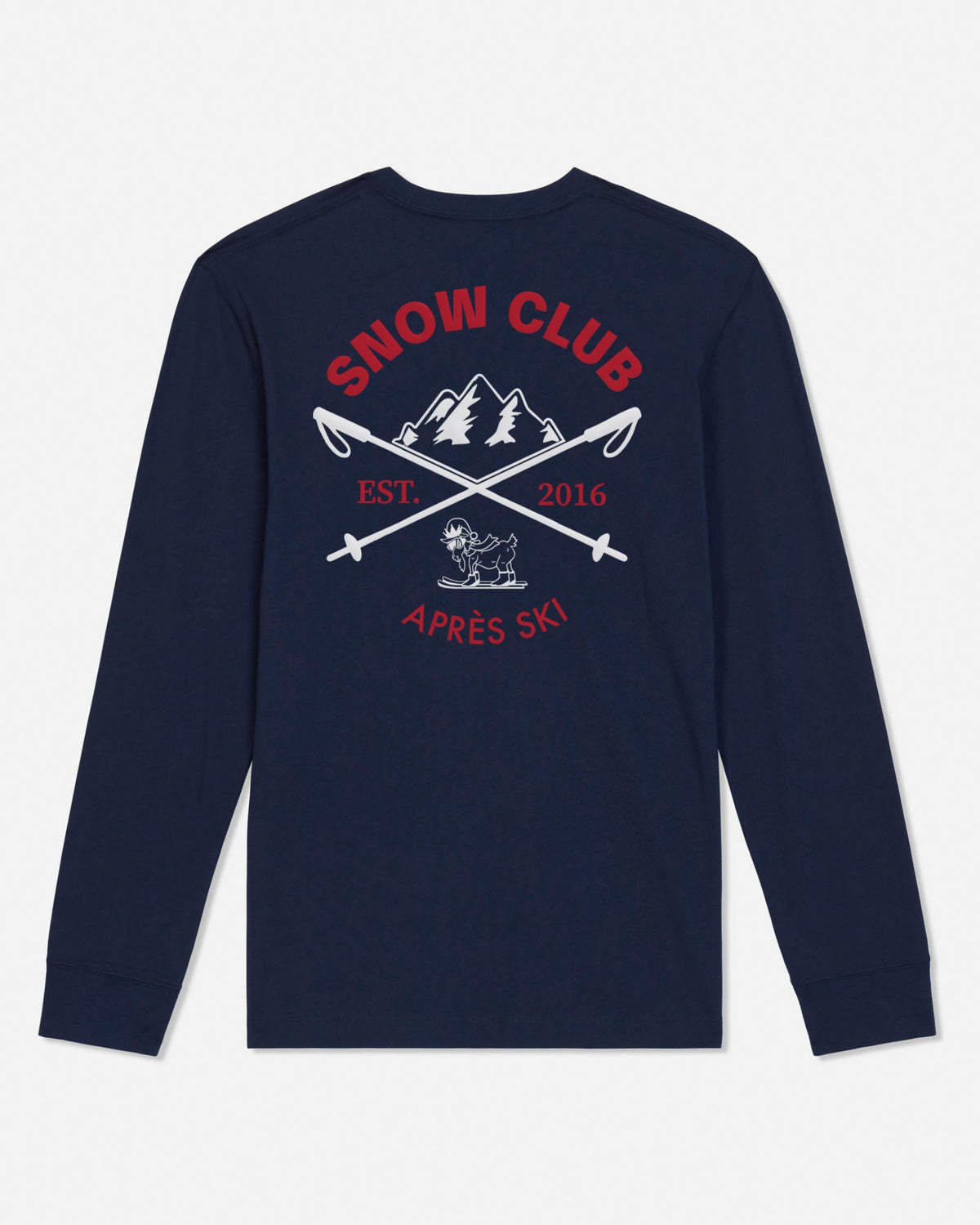 A navy blue long-sleeve t-shirt shown from the back, featuring a red and white graphic print with the text 'SNOW CLUB', 'EST. 2016', and 'APRES SKI' surrounding a mountain, crossed skis, and a goat illustration.
