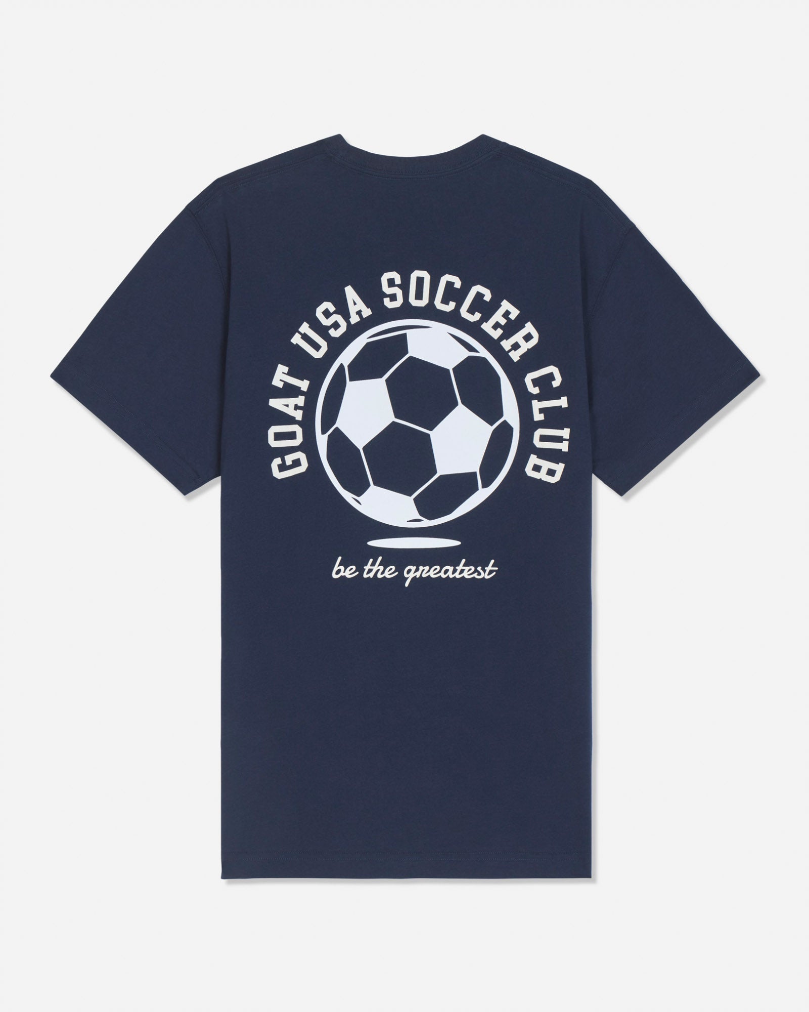 A navy blue short-sleeve t-shirt with a white graphic on the back featuring a soccer ball and the text 'GOAT USA SOCCER CLUB' and 'be the greatest'.